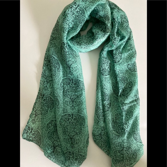 🛍 Romantic Pattern Long Scarf, Teal & Navy - Picture 1 of 3